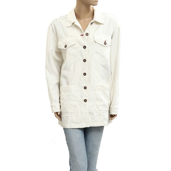 Free People Floral Printed Jacket Tunic Top Buttondown Cotton White M New 281818 - Picture 1 of 4
